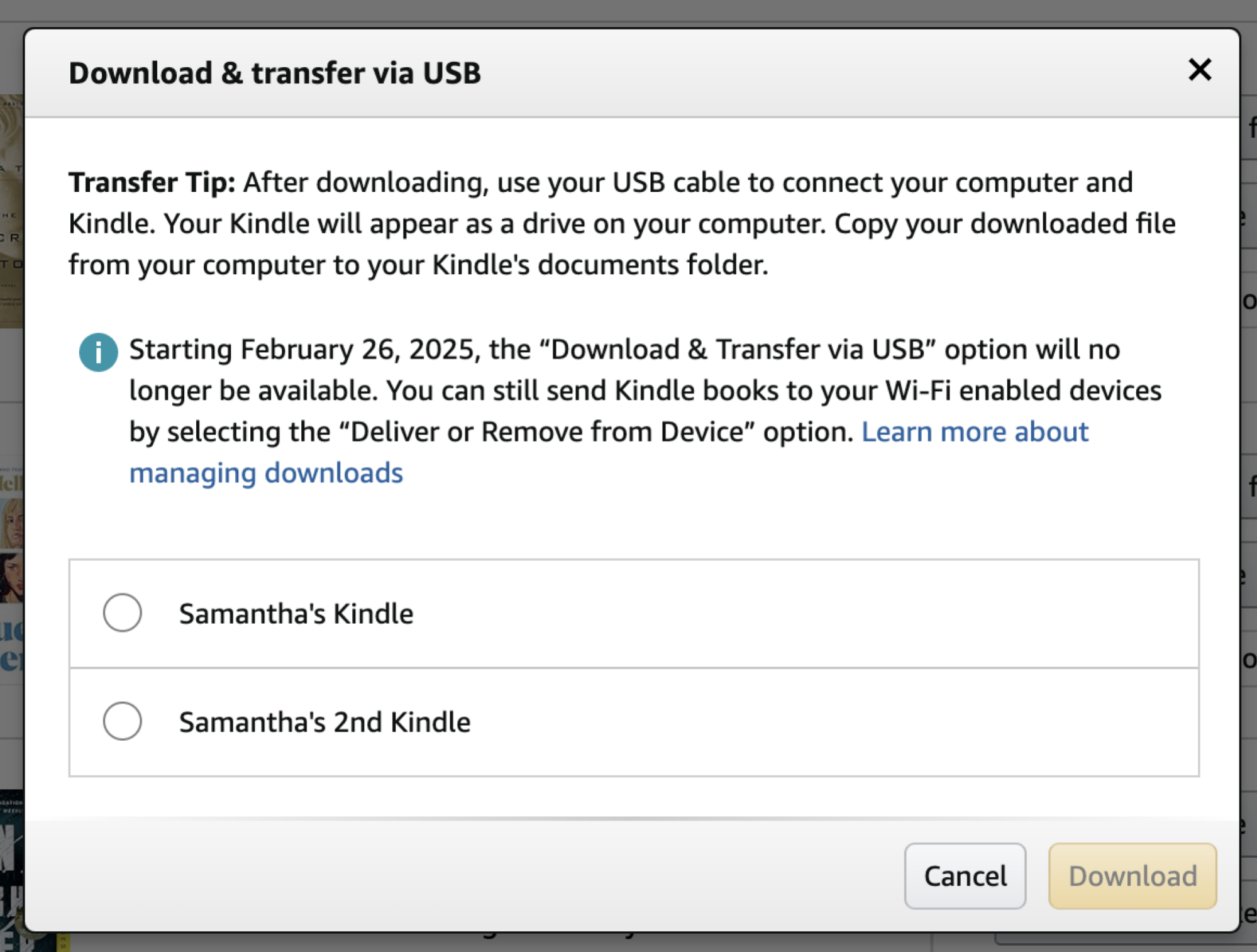 Tangkapan layar jendela pop-up untuk mengunduh e-book Kindle Anda.