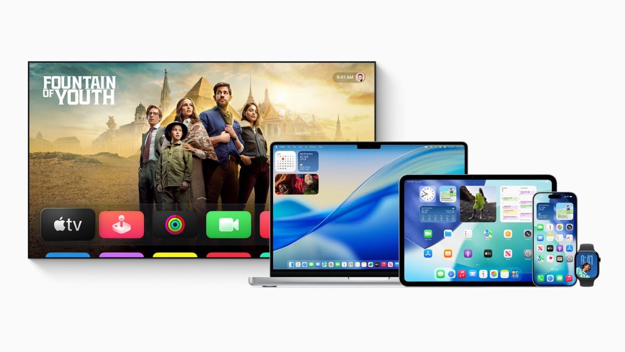 Perangkat Apple, termasuk laptop, iPad, iPhone, dan Apple Watch, diatur tumpang tindih untuk menampilkan sistem operasi yang berbeda.