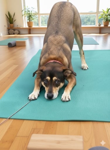 Gambar anjing yang dihasilkan AI melakukan pose anjing ke bawah dalam studip yoga