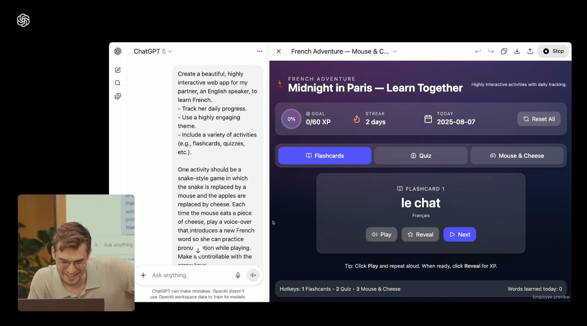 Tangkapan layar dari demonstrasi virtual Openai tentang kemampuan pengkodean Chatgpt. Demonstrator menunjukkan permainan mereka memiliki kode chatbot untuk mereka yang mengajar bahasa Prancis.