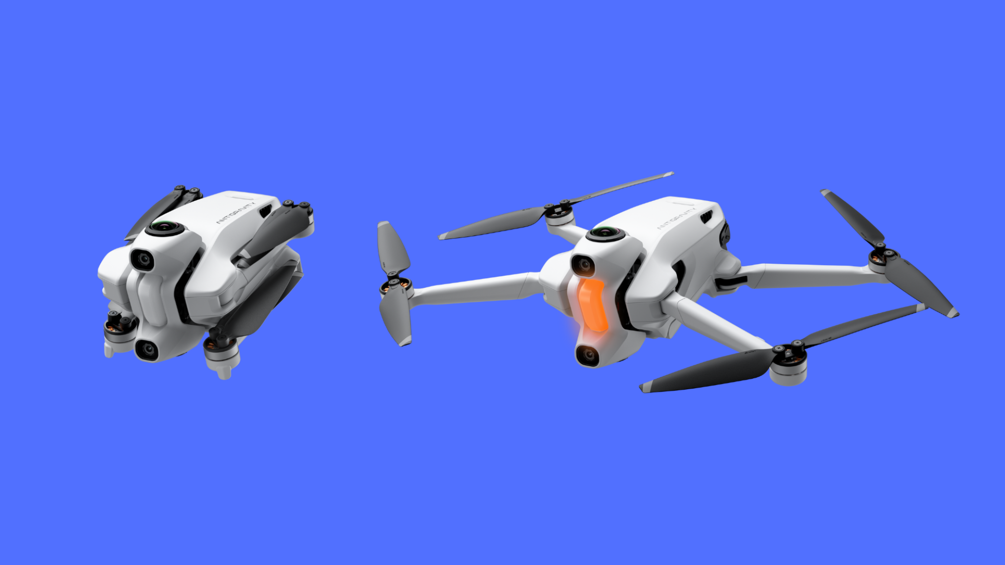 Dua gambar drone antigravitasi A1, menunjukkan rotornya dipadatkan ke bawah dan diperpanjang.