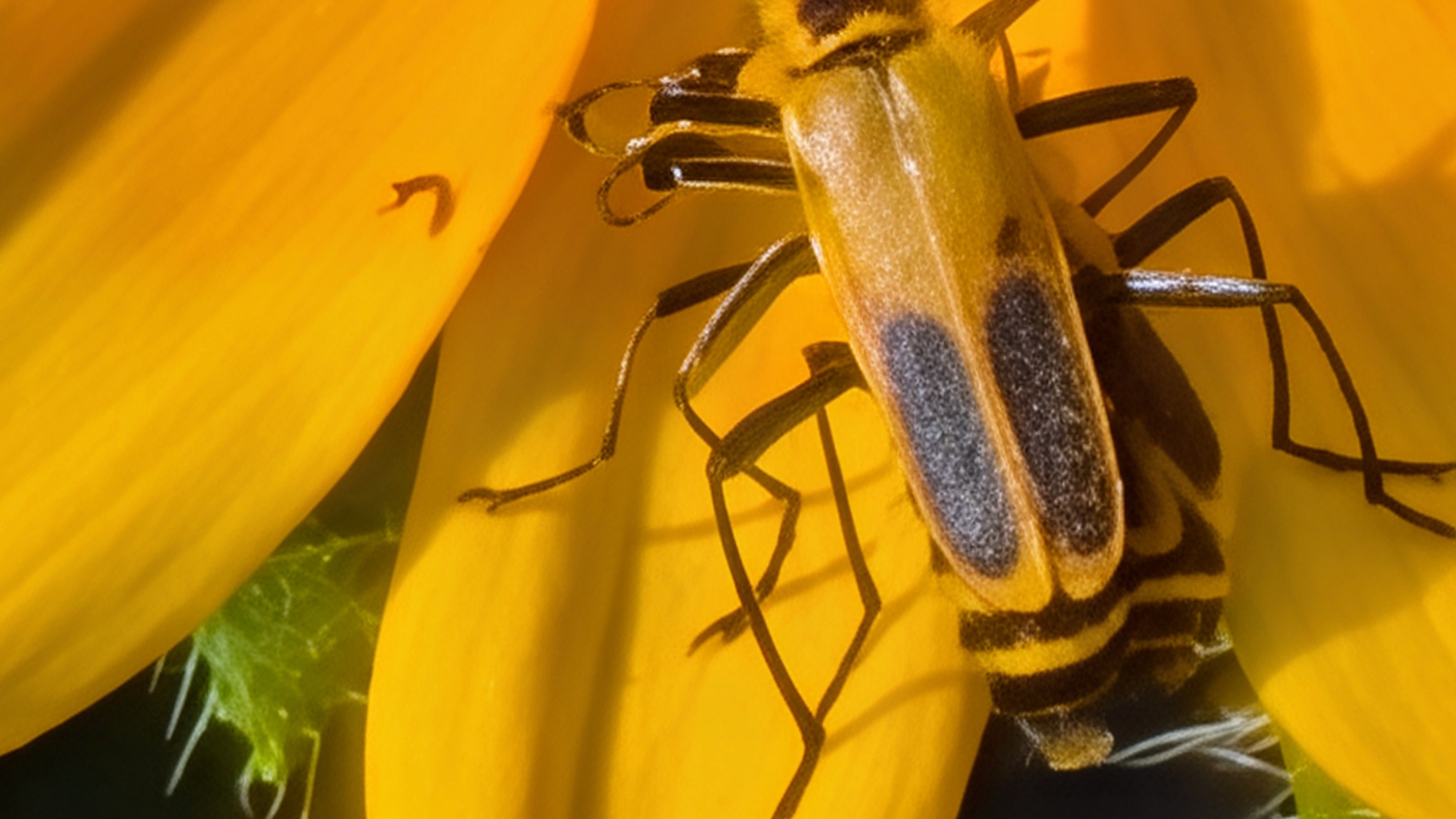 Gambar zoom 100x dari dua serangga pada bunga kuning