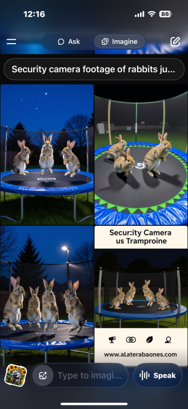 Screenshot dari Aplikasi Grok yang menunjukkan gambar kelinci yang dihasilkan AI pada trampolin