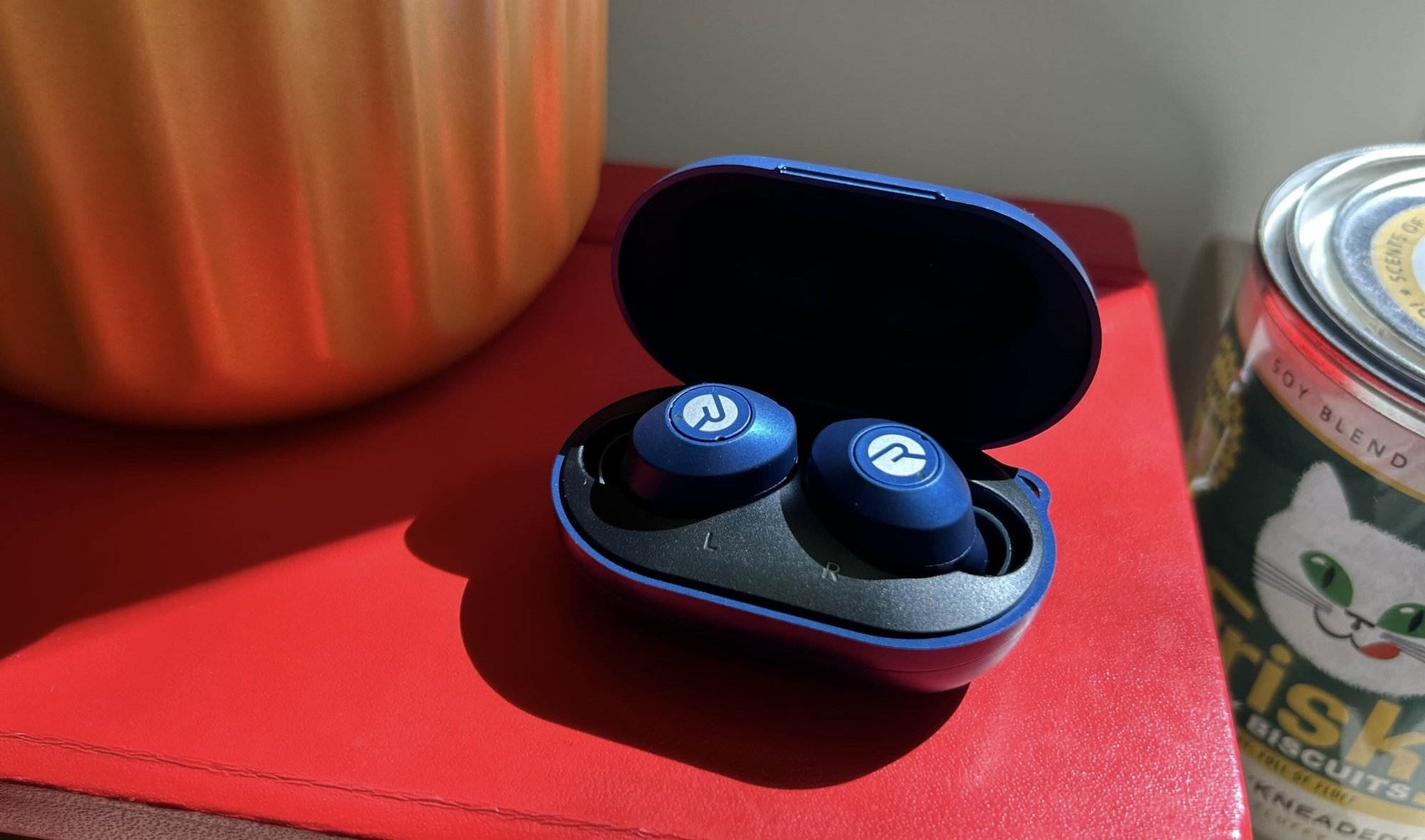 Earbud Blue Raycon di Open Case yang disangga di atas buku catatan merah di sebelah seorang penanam