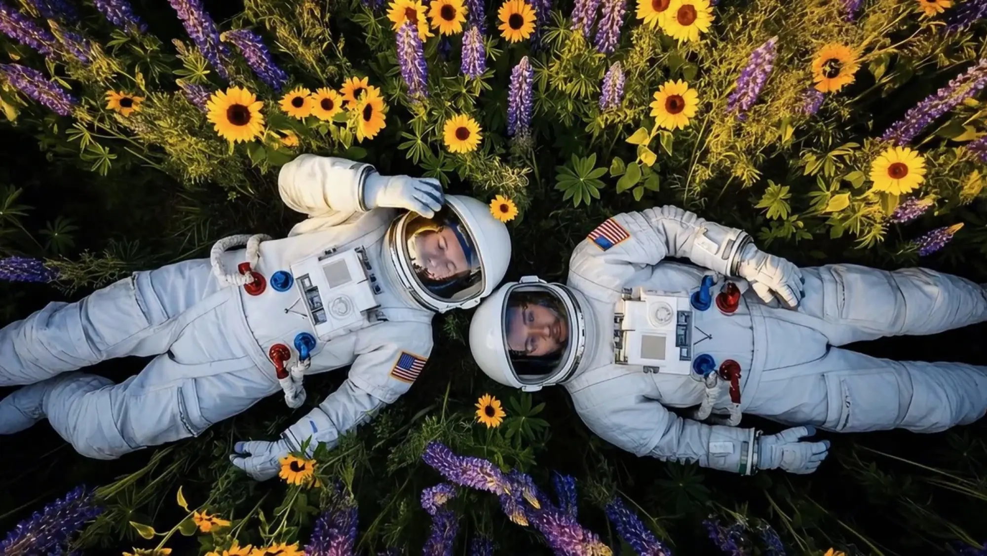 Tangkapan layar dari video yang diproduksi dengan Google Veo 3 yang menggambarkan dua astronot di bidang bunga