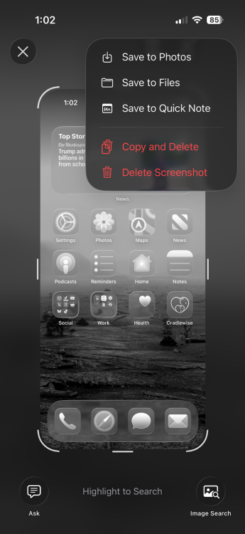 Alat tangkapan layar di iOS 26 beta