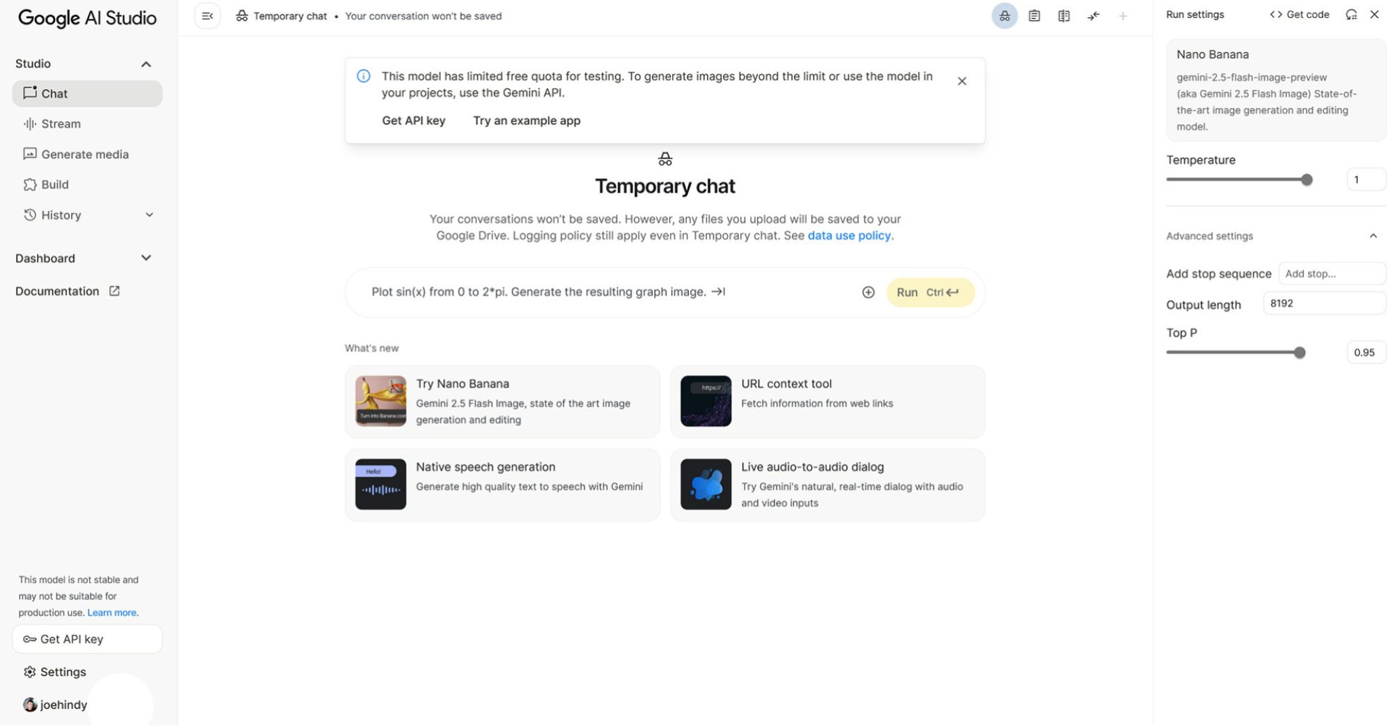 Tangkapan tangkapan layar dari halaman arahan Google AI Studio, dengan prompt untuk mencoba nano pisang