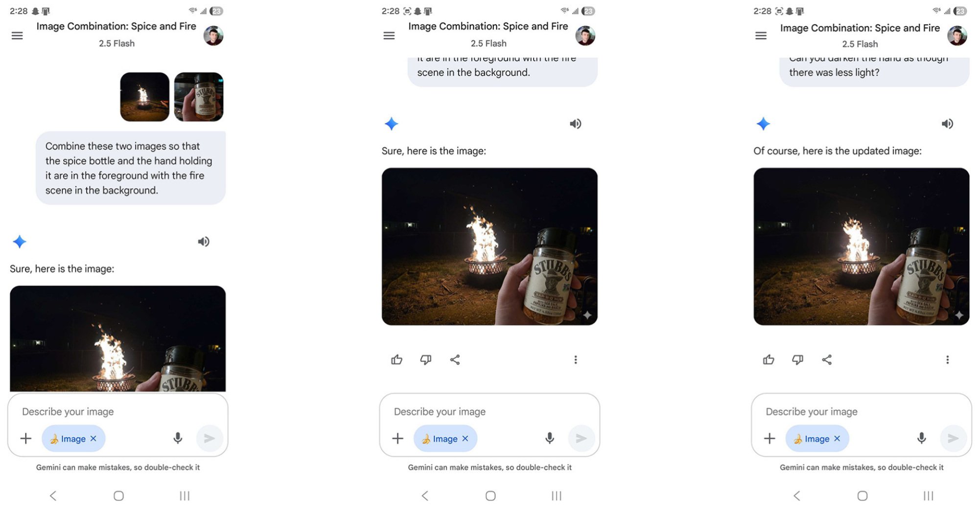 Tangkapan layar dari aplikasi seluler Google Gemini, di mana pengguna telah meminta editor gambar untuk menggabungkan foto api unggun dan botol rempah -rempah