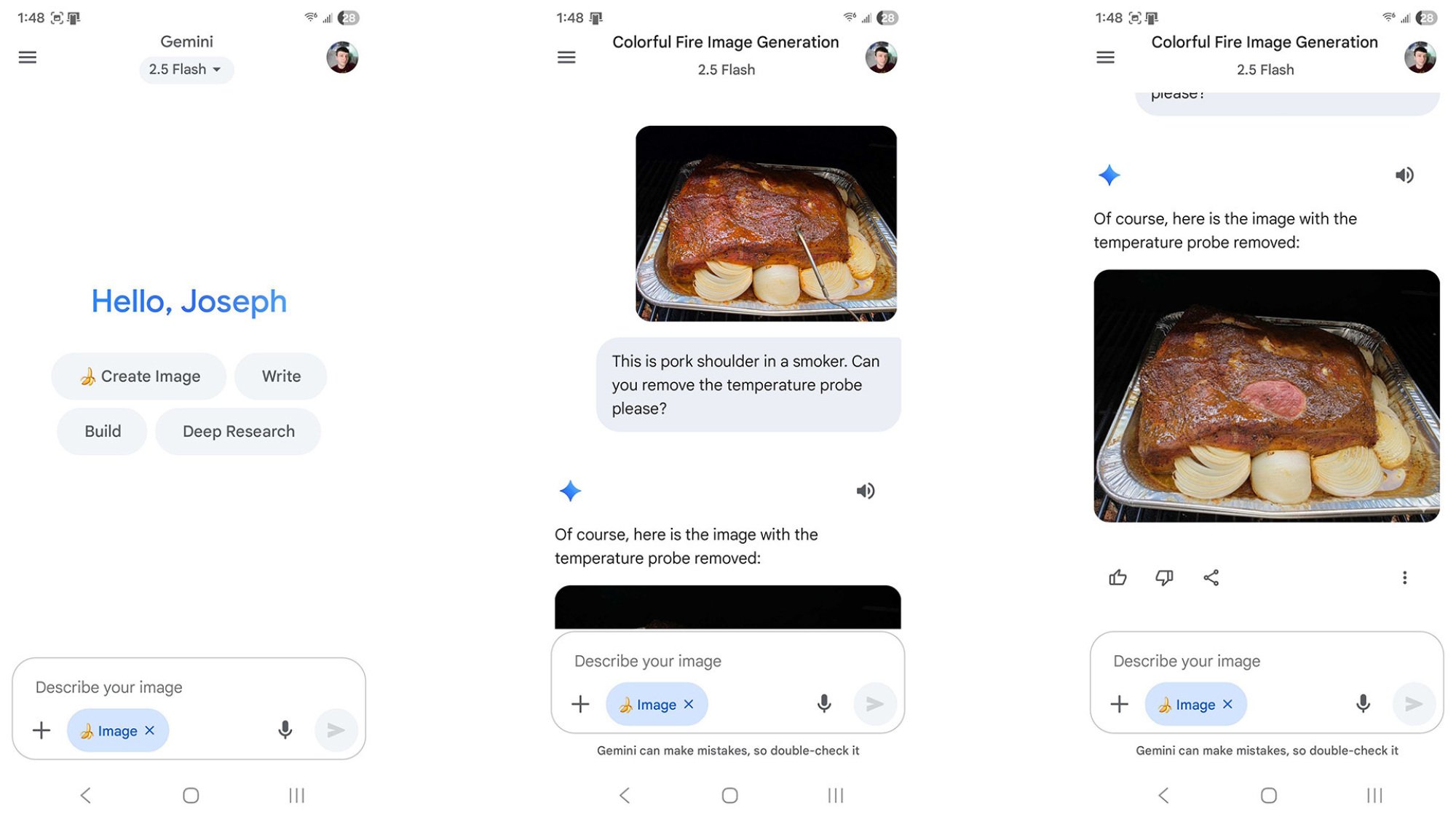 Tangkapan layar permintaan pengguna di aplikasi Google Gemini untuk menghapus probe suhu dari foto bahu babi.