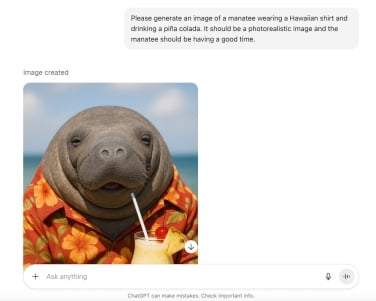 Tangkapan layar aplikasi chatgpt yang menunjukkan gambar manatee yang dihasilkan ai