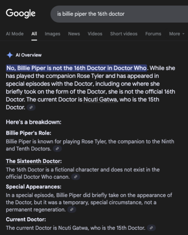 Gambaran google AI salah paham tentang Doctor Who
