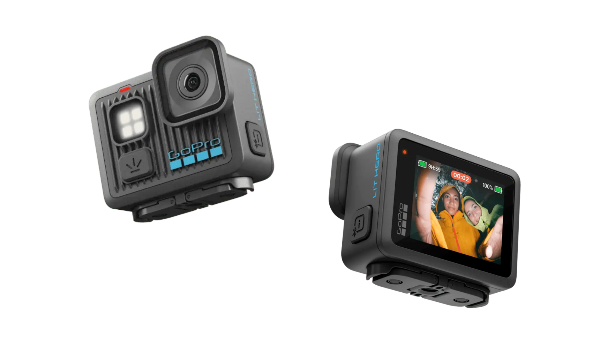 Dua kamera pahlawan menyala gopro, menunjukkan bagian depan dan belakang perangkat.