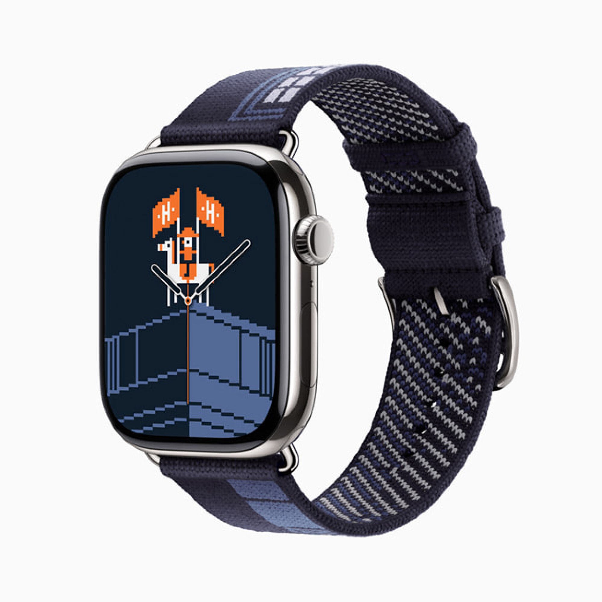 Sebuah Apple Watch menampilkan wajah animasi yang menampilkan kuda dan bendera oranye yang menampilkan