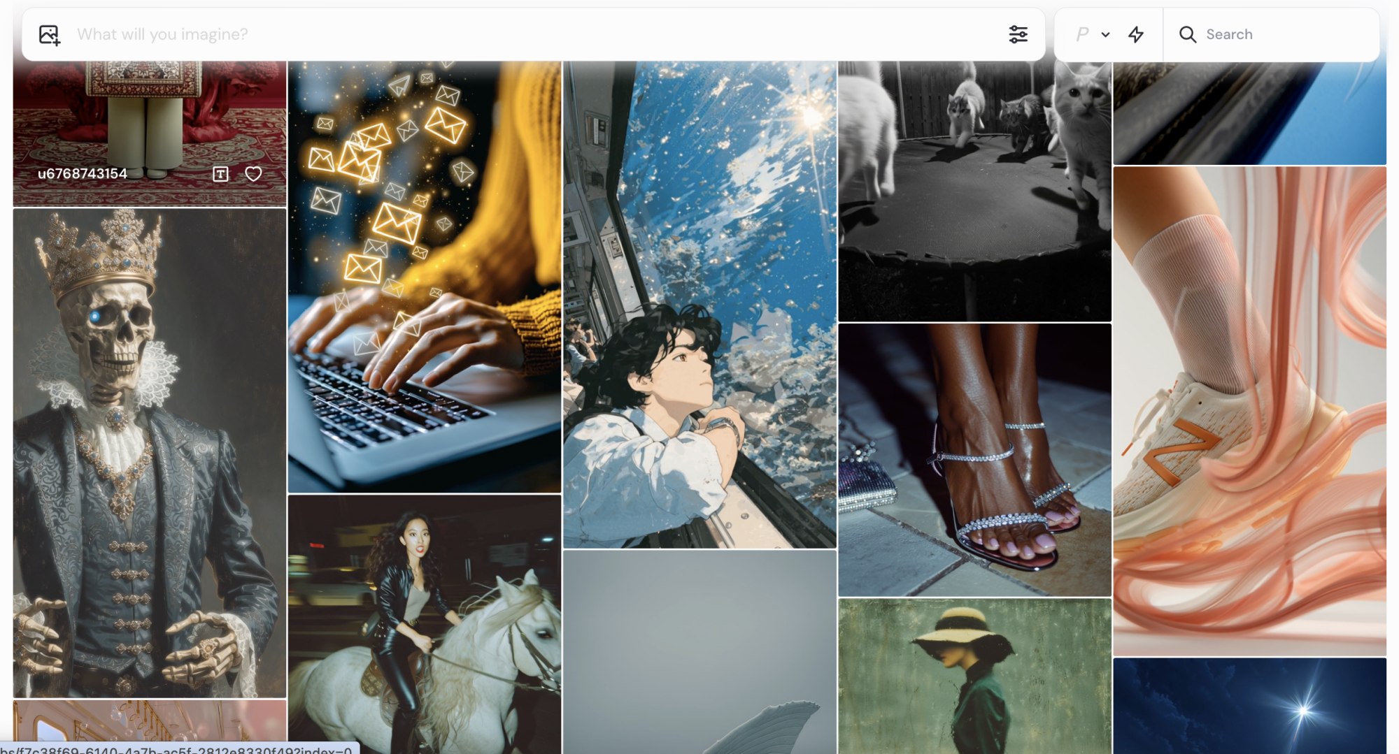 Gambar dan video yang dihasilkan AI dari feed Midjourney Explore.