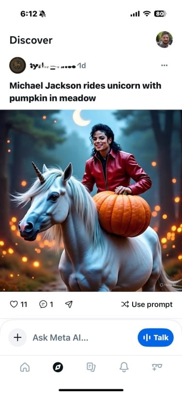 Tangkapan layar dari aplikasi meta ai yang menunjukkan gambar yang dihasilkan AI dari Michael Jackson di Unicorn