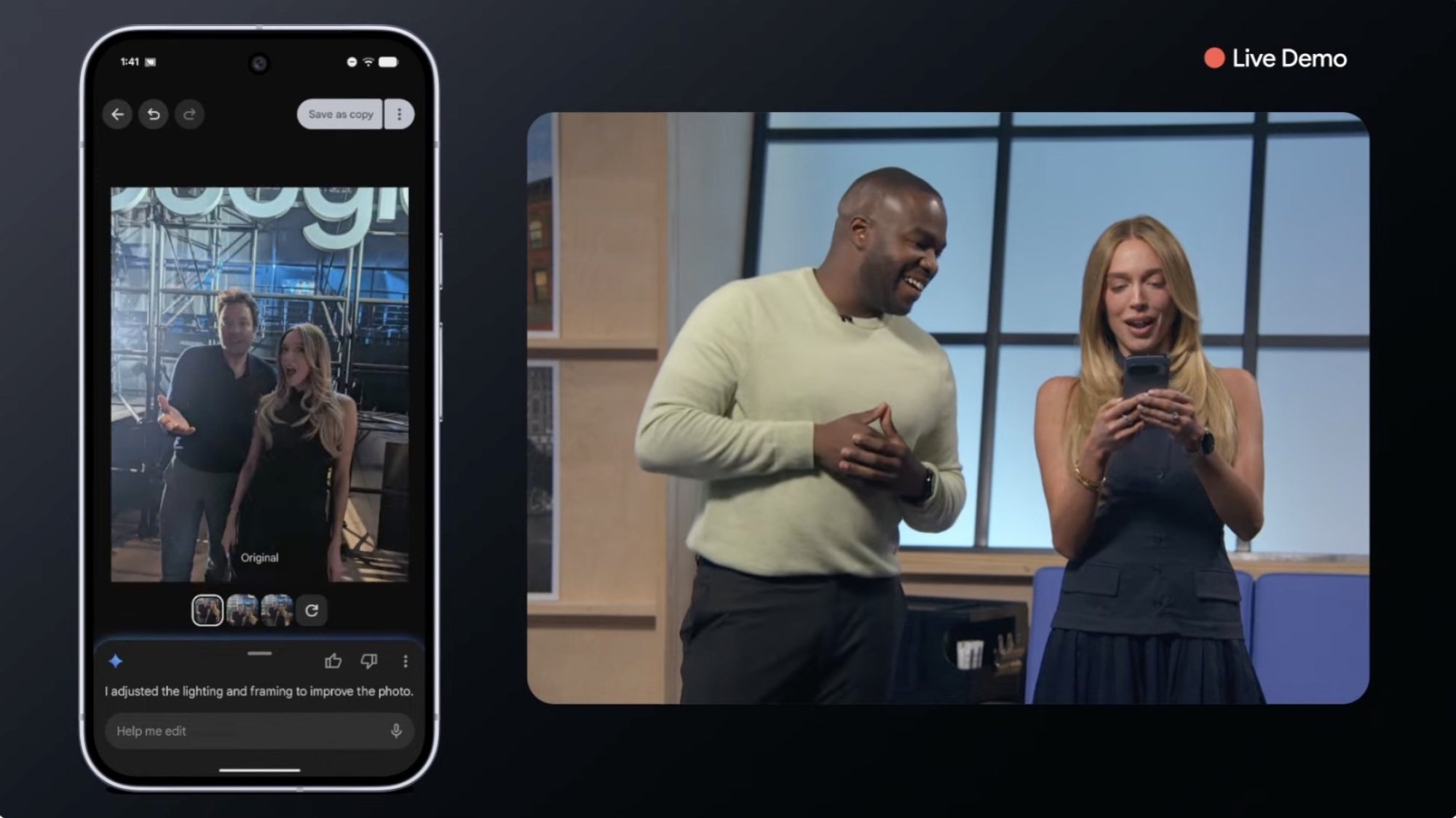 Layar berdampingan dari foto yang diedit AI-Google dengan Alex Cooper dan Google Demo-er Melihat Pixel 10