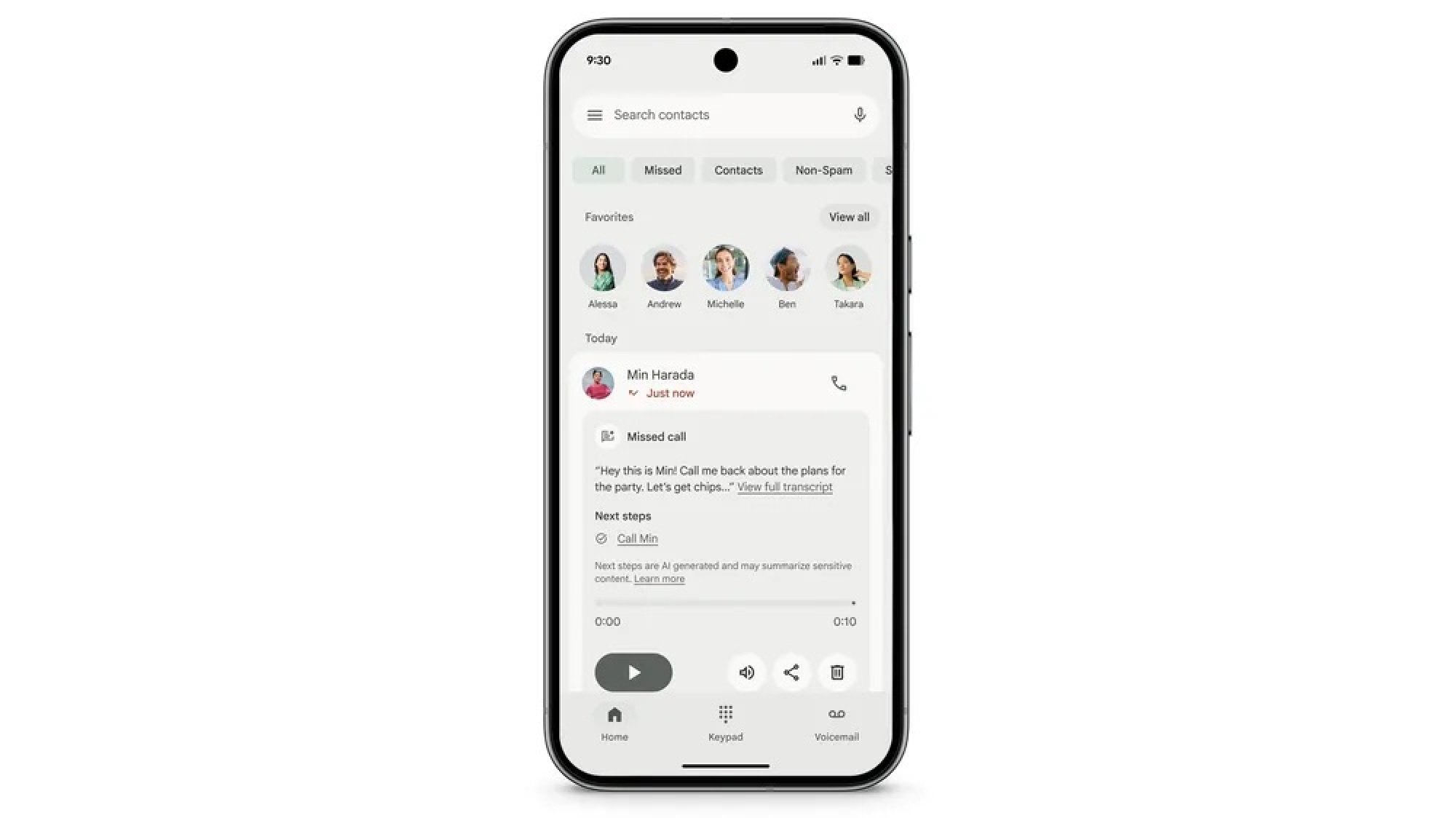 Layar Google Pixel 10 yang menampilkan transkripsi voicemail dan langkah selanjutnya dalam catatan panggilan