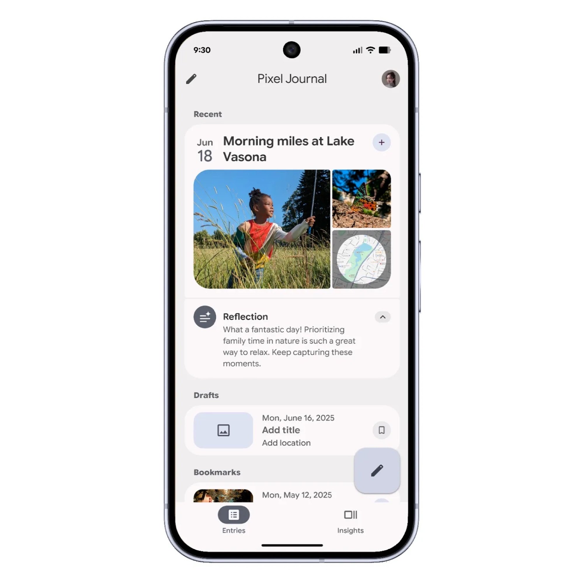 Layar Google Pixel 10 Menampilkan Aplikasi Jurnal Pixel