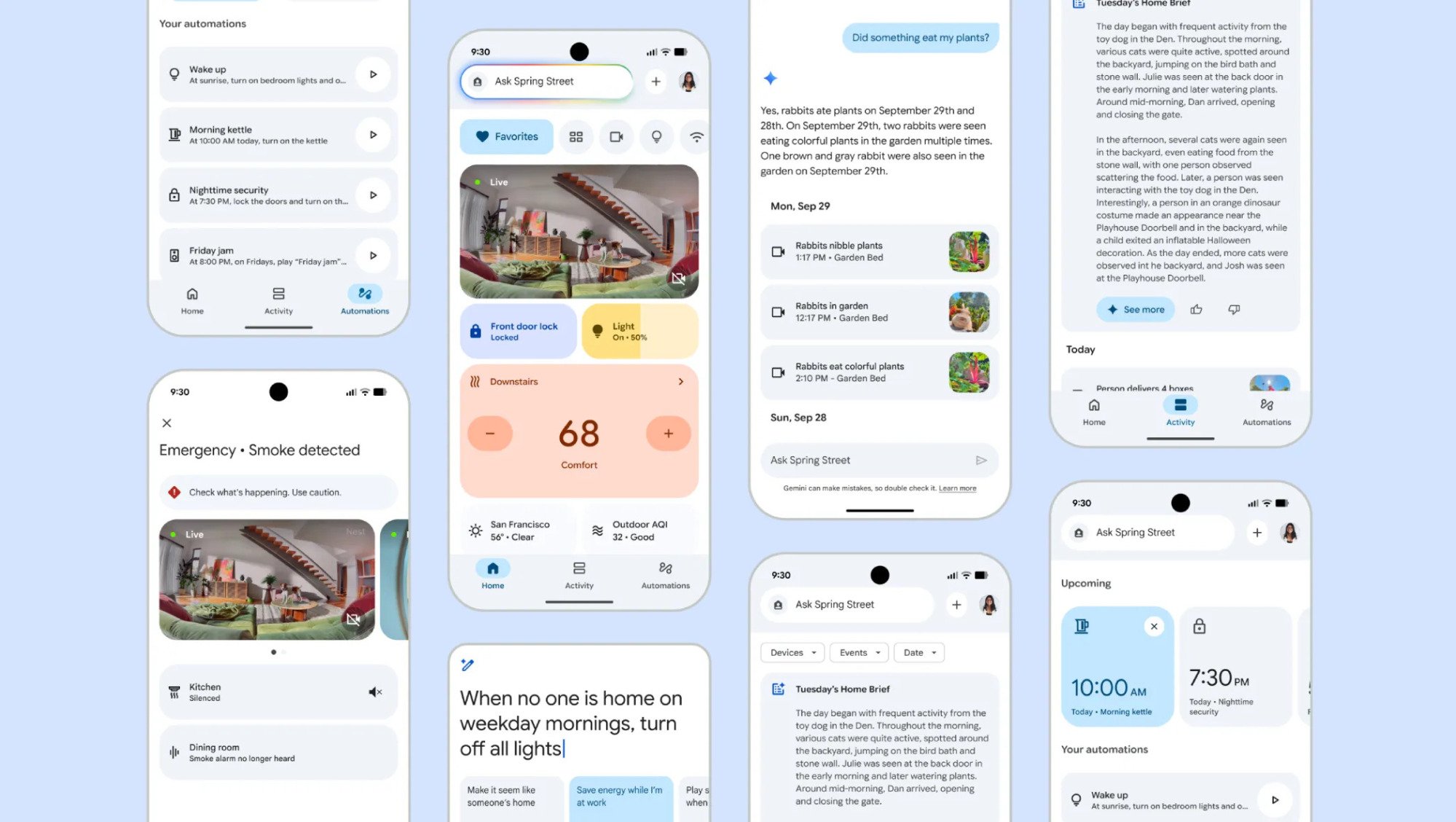 Layar ponsel pintar yang menunjukkan antarmuka aplikasi Google Home dengan otomatisasi, peringatan keamanan, log aktivitas, dan kontrol perangkat pintar.