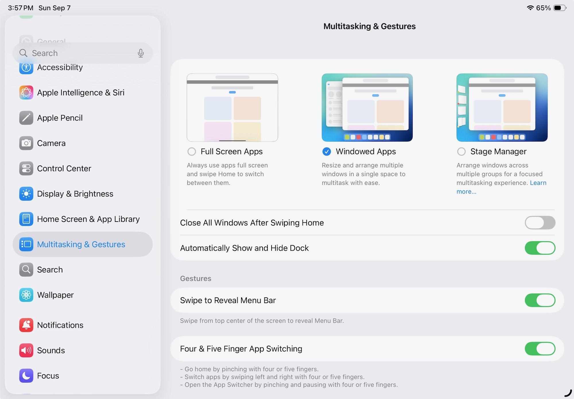 Opsi multitasking & gestures di aplikasi Pengaturan iPad