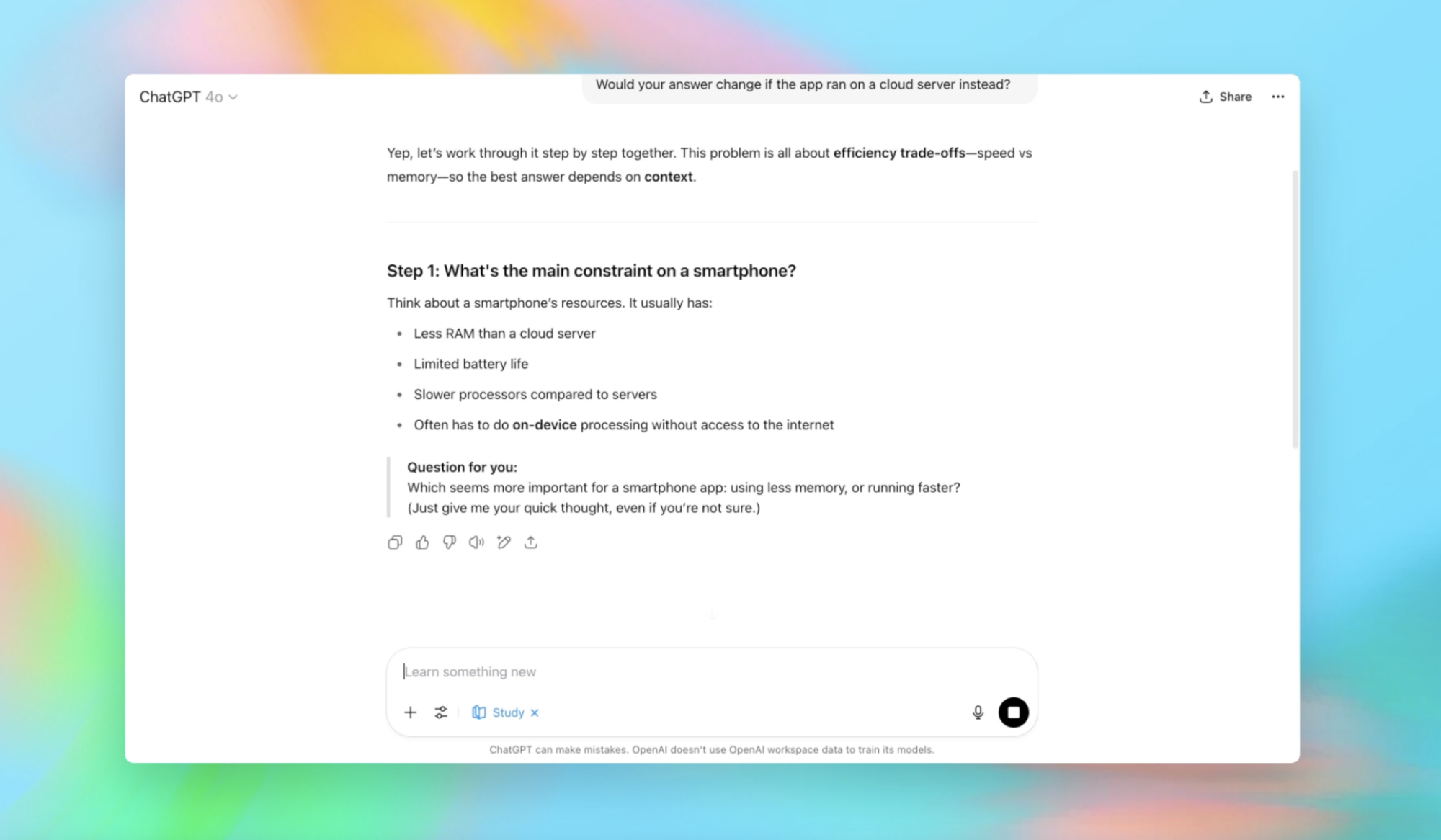 Tangkapan layar percakapan chatgpt dalam mode studi. Bot telah mendaftarkan langkah pertama untuk mencari tahu pertanyaan ilmu komputer dan kemudian mengajukan pertanyaan kembali kepada pengguna.
