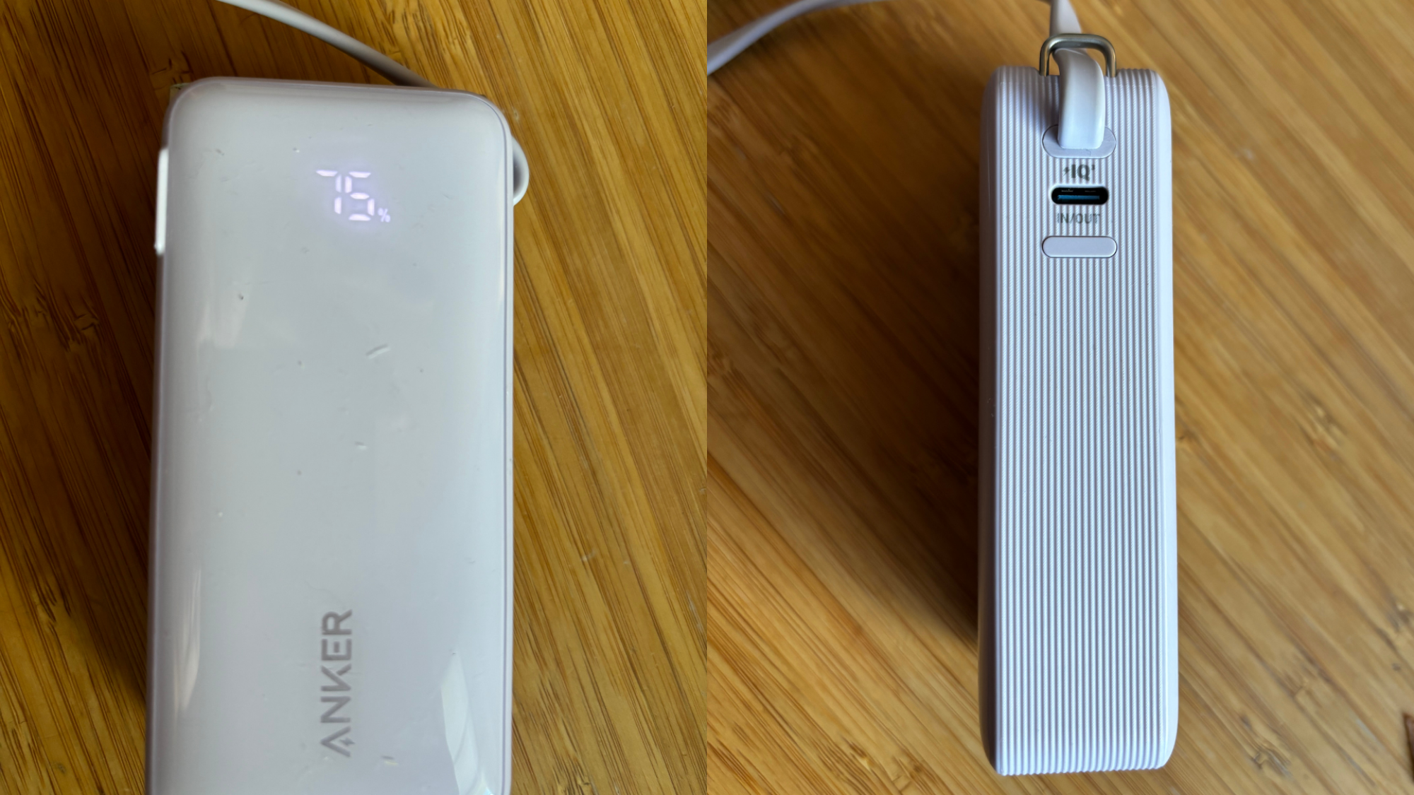 Di sebelah kiri, satu sisi Anker Nano menunjukkan bahwa 75% dibebankan. Di sebelah kanan, sisi lain dari Nano Anker menunjukkan port USB-C.