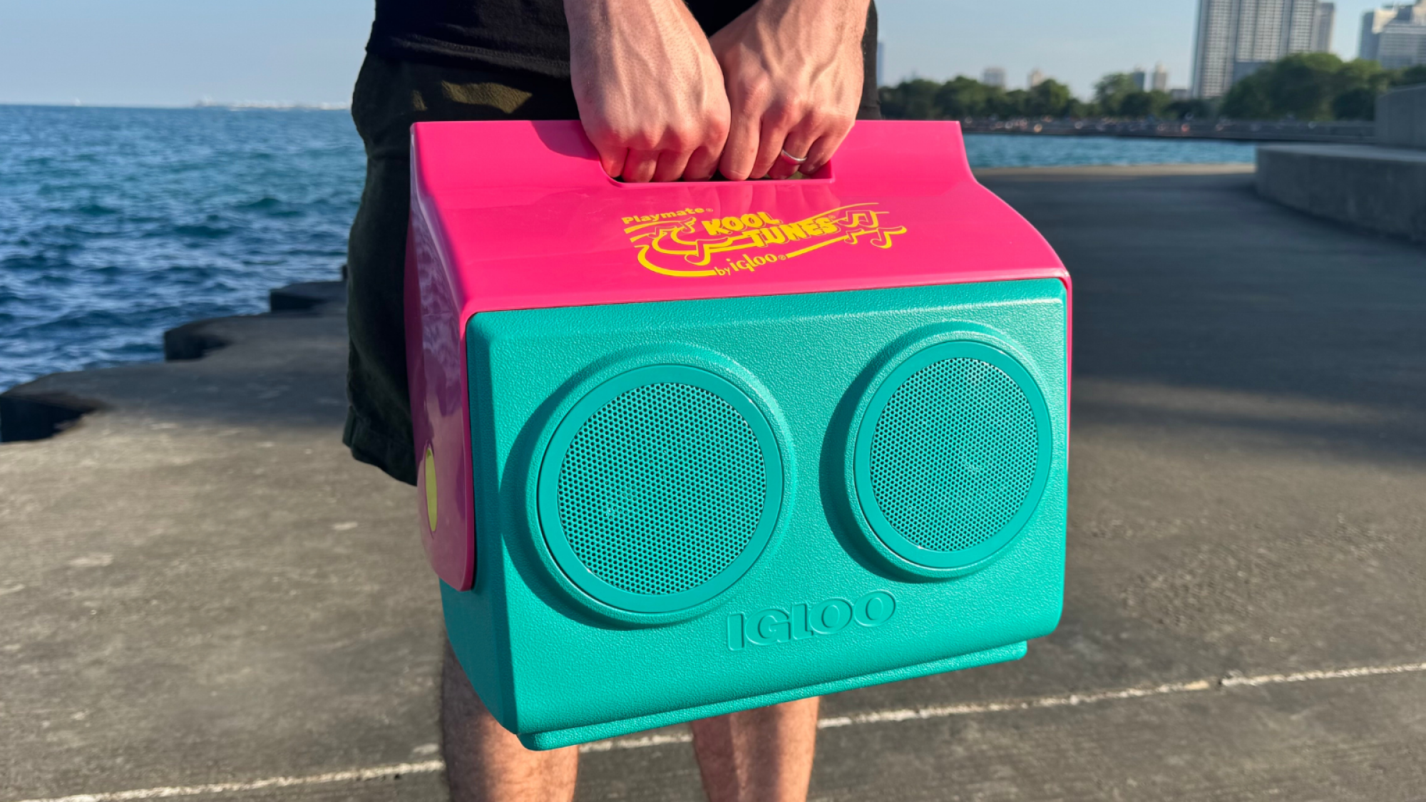 Close-up seorang pria yang memegang pendingin igloo kooltunes dengan kedua tangan di tangga beton di tepi danau
